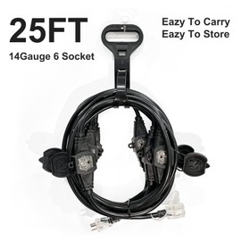 25Ft Power Extension Cord 3 Prong, 12 Gauge SJTW 5-15R Cable Male Plug to Female Connector,7 Outlet Cable,Multiple Evenly-Spaced Plug,Suitable for Stage Setting or Outdoor,UL Certified Outlet Cable