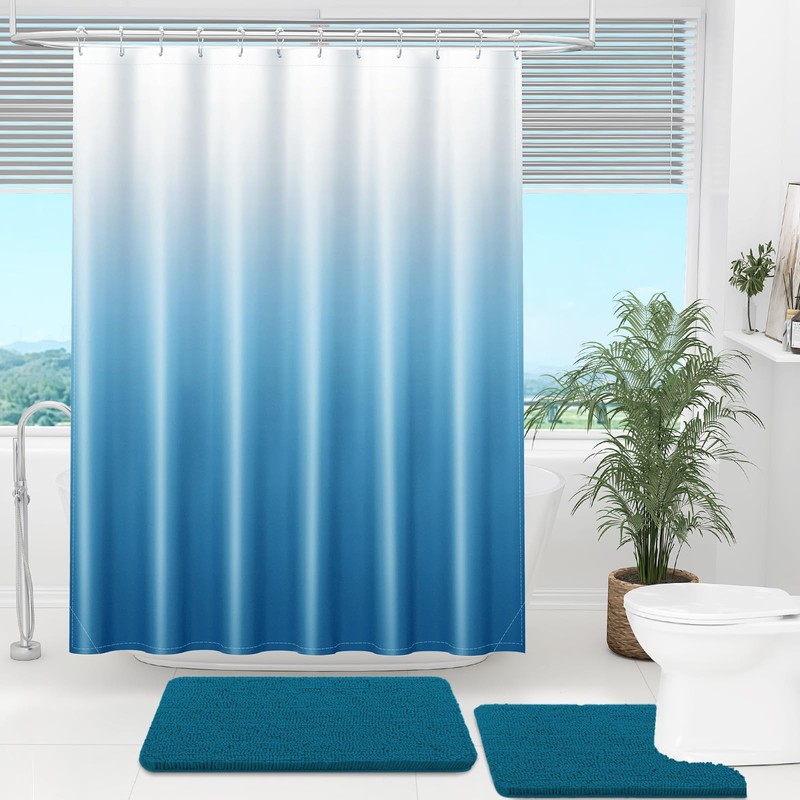 OLANLY Luxury Peacock Blue and White Ombre Shower Curtain Sets