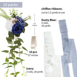 DORIS HOME Wedding Chair Decorations Blue Pew Flowers Set of 10 for Wedding Ceremony Party Aisle Decor with Artificial Flowers Eucalyptus and Ribbons