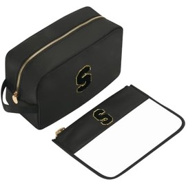 YogoRun 2pcs Toiletry Bags for Travelling Women Nylon Travel Makeup Organizers Clear Glitter Chenille Letter Skincare Cosmetic Brush Bag (Black-S)