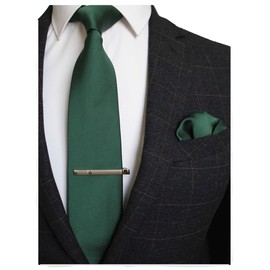 RBOCOTT Green Silk Tie and Pocket Square, Necktie Tie Clip Set for Men, Dark Green, general