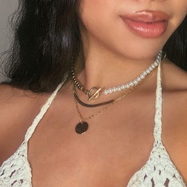 Aneneiceera Vintage Layered Coin Necklace Pearl Choker Necklace Gold Beaded Circle T Bar Necklace Bohemia Round Disc Necklace Vintage Snake Chain Necklace Jewelry Gifts for Women