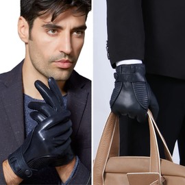 GSG SINCE 1998 Leather Gloves Men's Lined Winter Lambskin Gloves Genuine Leather Warm Touchscreen Cashmere Lined 16516, navy blue
