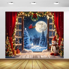 Christmas Backdrops for Photoshoot 10x8ft Vinyl Winter Forest Window Xmas Tree Christmas Photo Backdrop Snowy Pine Forest Full Moon Snowman Photography Backdrop New Year Xmas Party Decor Background
