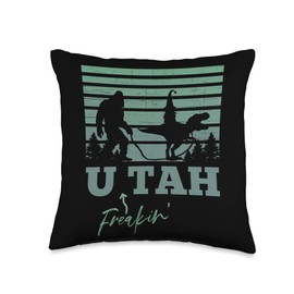 Funny Utah Trex Sasquatch UT Men Women Kids Utah Bigfoot Walking T-Rex Gnome Freakin Funny UT Throw Pillow, 16x16, Multicolor