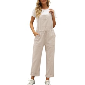 Flygo Overalls for Women Loose Fit Adjustable Strap Drawstring Cotton Overalls Jumpsuits(Beige-XXL)
