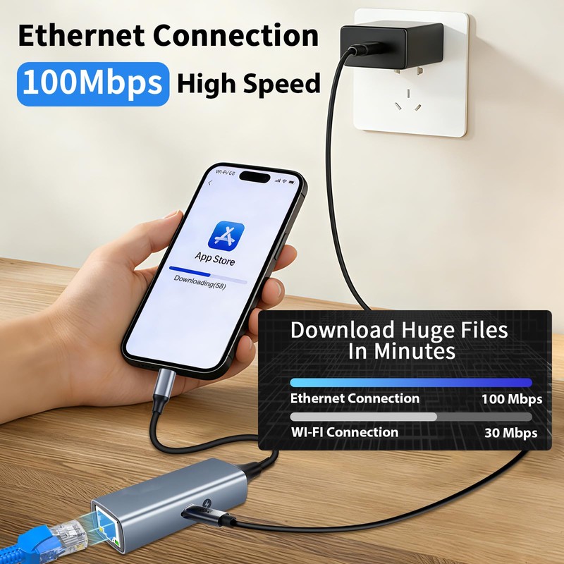 [MFi Certified] Lightning to Ethernet Adapter with Charging Port, 2-in-1