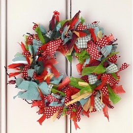 Christmas Wreath Hand Made with Recycled Seasonal Multi Colour Green Red Fabric GoodWeave Certified 30 cm Diameter Suitable as Mobile, Door or Wall Hanging