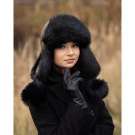 Futrzane Aviator Hat - Winter Trapper Hats for Women - Warm Russian Bomber Hat (M, Olive - Black Siberian)