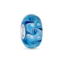 Murano Glass Shades Of Turquoise Aqua Blues Wave Swirl Spacer Charm Bead Fits European Bracelet For Women Teen .925 Sterling Silver Core
