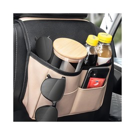 Bittwee Car Seat Back Organizer, Multipurpose Leather Vehicle Backseat Hanging Bag Holder with Pockets, Large Capacity Automotive Interior Storage Box Accessories, Universal Fit (Beige)