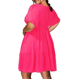 Hot Pink Dress Plus Size Women Summer Casual Babydoll Shift V Neck Short Sleeve Tunic Beach Cute Swing Tiered Sundress