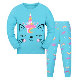Gumyoss Girls Pyjamas Cat Pjs Sleepwear Toddler Long Sleeve Kids Pyjamas Outfit Tops + Pants Sets 2pcs 10-11 years,Light Blue/Cat