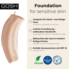 GOSH Foundation with SPF 15 for Light & Dark Skin, Vegan, Mattifying Makeup for Dry, Sensitive & Oily Skin, Smudge-proof and Sweat-Proof, Oil-Free, Coverage Adjustable, No Mask Effect, 012R