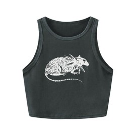 WDIRARA Women's Graphic Crop Tank Tops Scoop Neck Sleeveless Shirt Grunge Punk Gothic Streetwear Dark Grey Large