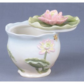 US 6 Inch Pale Blue and White Glazed Porcelain Pink Lotus Sugar Bowl