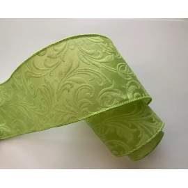 Decorative Ribbon Fern Green Embossed Leaves Filigree Ribbon, 4" Wide, Wired Edge, 3 YARDS