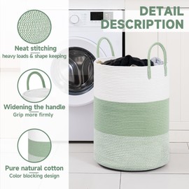 CLHMILY&Z 80L Laundry Basket Round Storage Rope Basket - 16.5x22.5 Inches - Green Hamper in Bedreoom and Cute Storage Bin for Blankets, Toys, and Nursery Essentials