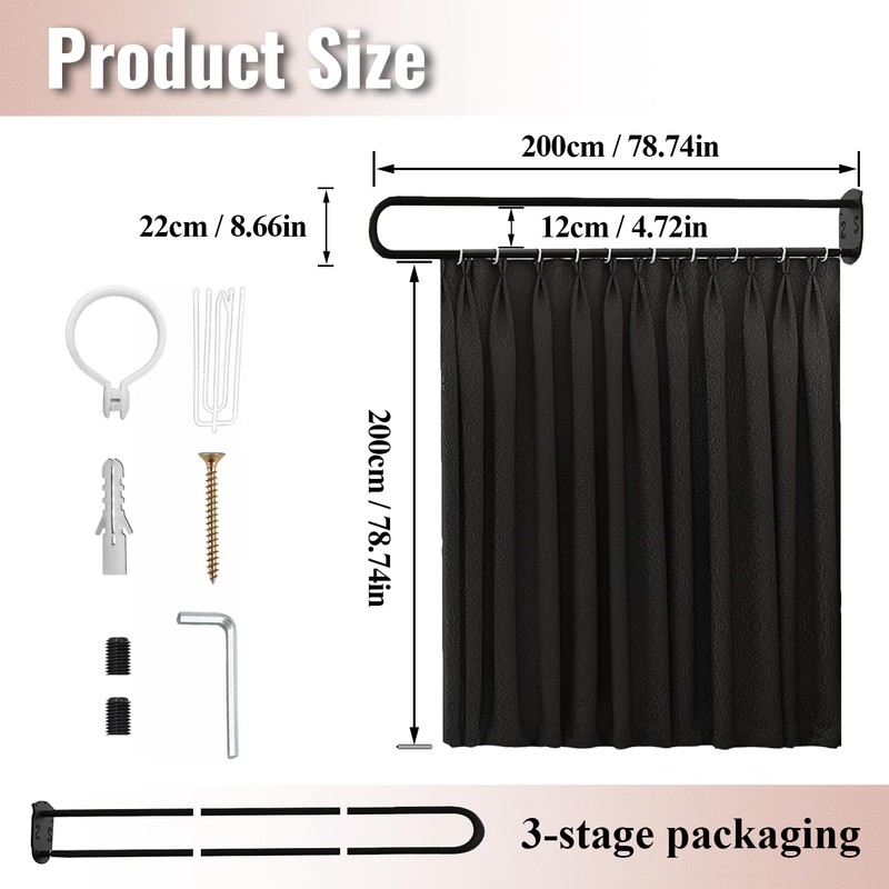 jvsufuik U-Shape Room Divide with Metal Support Rod, 6.56ft,Black