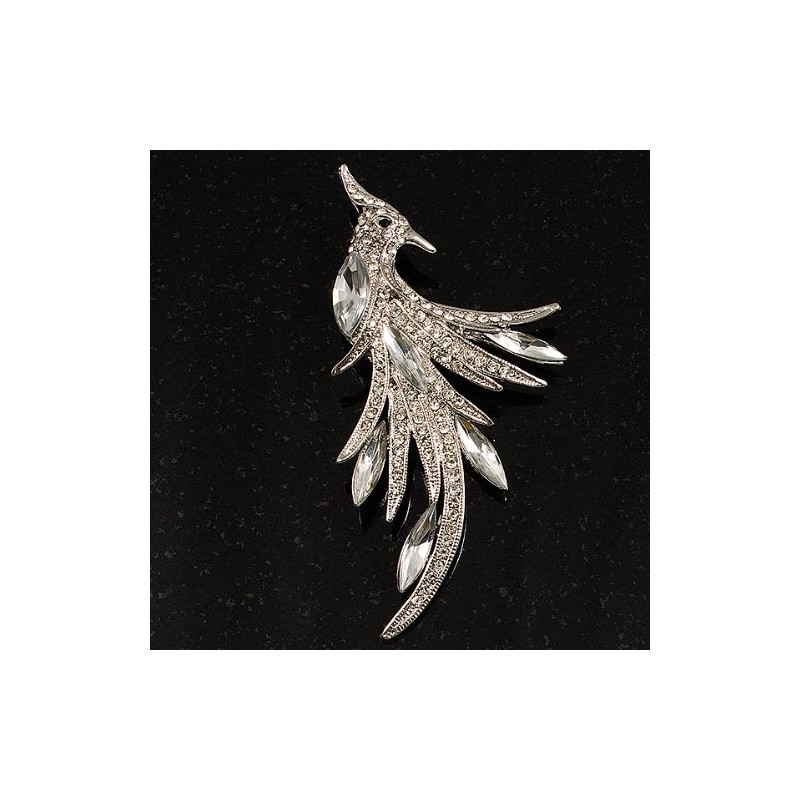 Sparkling Crystal Fire-Bird Brooch (Silver Tone)