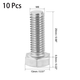 10 Pcs M8 Hex Bolt M8-1.25 x 25mm UNC Hex Head Screw Bolts A2-70(304) Stainless Steel Fully Threaded Hex Tap Bolts，Plain Finish，Fully Threaded (M8 x 25mm)