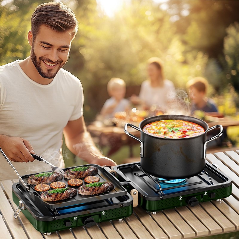 AFFLUENT 2 Burner Propane Camping Stove with Grill and Storage