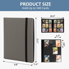 Trading Card Binder 9 Pocket, Fvxldcz PU Cover Card Collection Binder 540 Cards Sleek Side-Loading Card Album, Sturdy Card Collection Folder for TCG, MTG, Yugioh, Sport Cards (Gray)