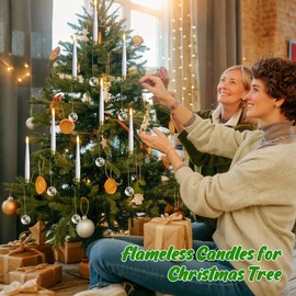 Yeelida Pack of 12 Flickering Remote 0.5" x6" LED Short Taper Candles with 12 Crystal Ball Hooks, Battery Operated Timer Window White Plastic Flameless Warm Light Candlesticks for Holiday Decor