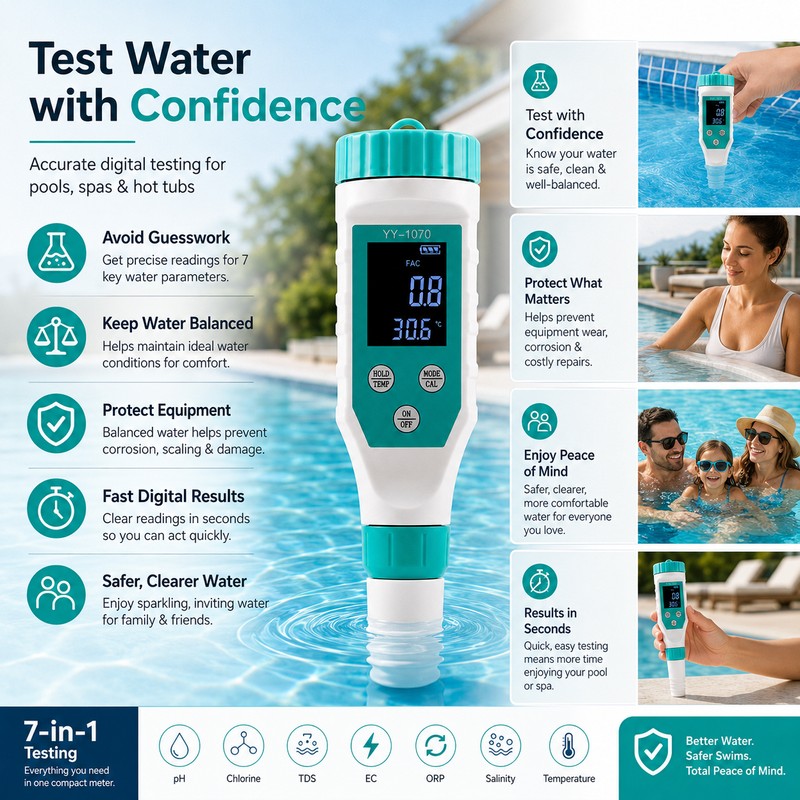 7-in-1 Digital Pool Water Tester for Maintenance – pH, Chlorine,
