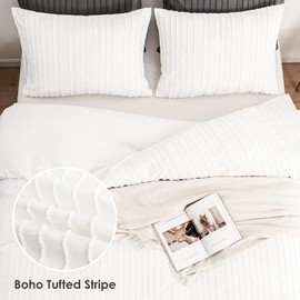 WARMDERN White Boho Duvet Cover Set Queen Size, Striped Textured Tufted Beddi...