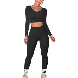 JN JANPRINT Gym Set Women Workout Set 2 Pieces Outfits Ribbed Long Sleeve Top High Waist Leggings Activewear Clothes Gym wear Sets