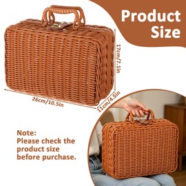 2-Pack Wicker Picnic Basket Set, Vintage Suitcase Style Plastic Rattan Storage Box with Leather Straps, 10.2x6.7x4.3 Inch Rustic Decorative Hamper for Makeup Organizer, Travel, Camping, Gift