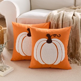Fall Pillow Covers 16x16 Inch Set of 2 Autumn Qrange Decorative Throw Pillow Covers Indoor Outdoor White Embroidery Pumpkins Pillow Cases Thanksgiving Harvest Bedroom Sofa Cushion Couch Decor