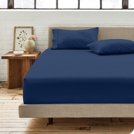 Bare Home 100% Organic Cotton Queen Fitted Sheet - Crisp Percale Weave - 300 Thread Count - Lightweight & Breathable - Deep Pocket Fitted Sheet (Queen, Dark Blue)