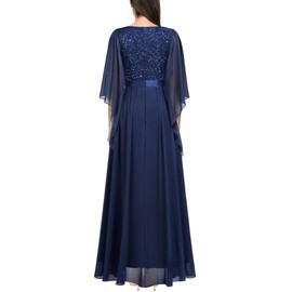MIUSOL Women's Elegant Sequin Insert Lace Sheer Chiffon Deep V Neck Flare Sleeve Evening Prom Formal Long Dress (Small, Navy Blue)