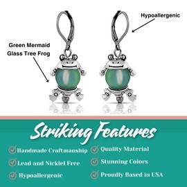 BESHEEK Silvertone and Opalite Moonstone Hematite Mermaid Glass Tree Frog Leverback Dangle Earrings Hypoallergenic Boho Beach Animal Artistic Wedding Style Fashion Earrings (Silvertone and Green Mermaid Glass Tree Frog)