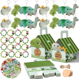 Remuuly 100 Pcs 16 Sets Dinosaur Party Favor for Boys Girls Mini Dinosaur Stuffed Animals Bulk Plush Keychains Gift Box Bracelet Sticker for Goodie Bag Birthday Students