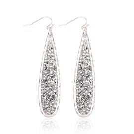 Glitter Rhinestone Statement Drop Earrings - Sparkly Crystal Geometric Metal Hook Dangles Vertical Bar, Elongated Teardrop, Shield Disc (Encrusted Jewel - Teardrop Clear/Silver)