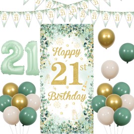 Kreatwow 21st Birthday Decorations Sage Green Happy 21st Birthday Door Banner 21st Happy Birthday Triangle Flags Banner Happy 21st Birthday Decorations Number 21 Foil Balloons for Her and Him