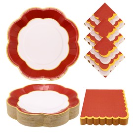 VEIZEDD 100Pcs Red Plates and Napkins Party Supplies,Red Paper Plates,Red and Gold Plates for Birthday Diwali Christmas Chinese New Year Valentines Holiday Paper Plates,Serves 50
