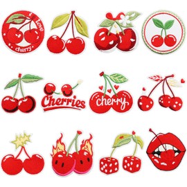 12Pcs Cherry Iron on Patches Cute Fruit Cherry Bomb Sew on Repair Embroidered Applique Red Aesthetic Girly Style Bow Skull Lip DIY Crafts Accessories Gifts for Girls Women Clothing Backpack Hat (Red)