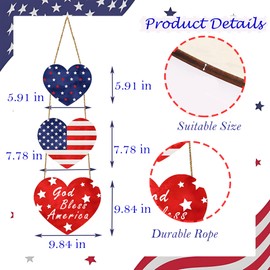 4th of July Hanging Ornament Wooden Decorations Patriotic Heart America Flag Sign for Front Door Wreath Vintage Independent Day Memorial Day Hanging Porch Wall Home Decor
