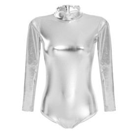 IMEKIS Women's Ballet Suit, Long Sleeve Bodysuit, Shiny Body, Wetlook, Ballet Dance Body, Leotard, Gymnastics Leotard, One Piece, Metallic Jersey Tops, Top, Sports, Fitness, Costume, Silver, XL,