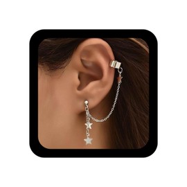 Aneneiceera Boho Star Cuff Chain Earrings Silver Star Tassel Chain Earrings Star Long Chain Drop Earrings Vintage Star Chain Cartilage Chain Earrings Jewelry for Women (Silver)