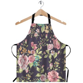 WONDERTIFY Black Pink Floral Apron,Vintage Floral Flower and Leaf Pattern on Navy Background Bib Apron with Adjustable Neck for Men Women,Suitable for Home Kitchen Cooking Waitress Chef Grill Apron