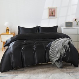 HOdo Home Satin Duvet Cover Queen Size, 3 Piece Silk Like Comforter Cover, Ultra Soft and Breathable Bedding Set with Zipper Closure & Corner Ties