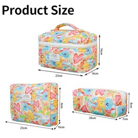 JINFANRUI Makeup Bag Set, 3 Pcs Quilted Makeup Bag Set, Large Floral Makeup Bag Travel Cosmetic Bag, Cute Cotton Cosmetic Bag, Polka Dot Makeup Bag Travel Toiletry Bag for Women (B)