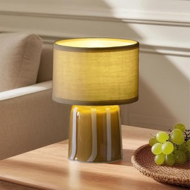 MJ PREMIER Battery Operated Lamp with Timer, Small Cordless Lamp with Glass Base, Fabric Shade Portable Table Lamp for Bedroom Living Room Bedside Home Decor (Green)