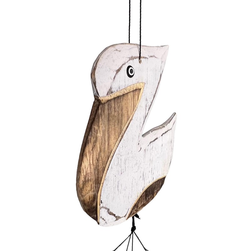 Coastal Pelican Windchime – Whitewashed Bamboo & Distressed White Wood