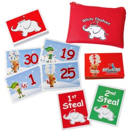 Apostrophe Games White Elephant Card Set, 50 Christmas Themed Cards and Carrying Pouch, White Elephant Exchange Card Set